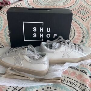 ShuShop White and Silver Star Accent Sneakers
